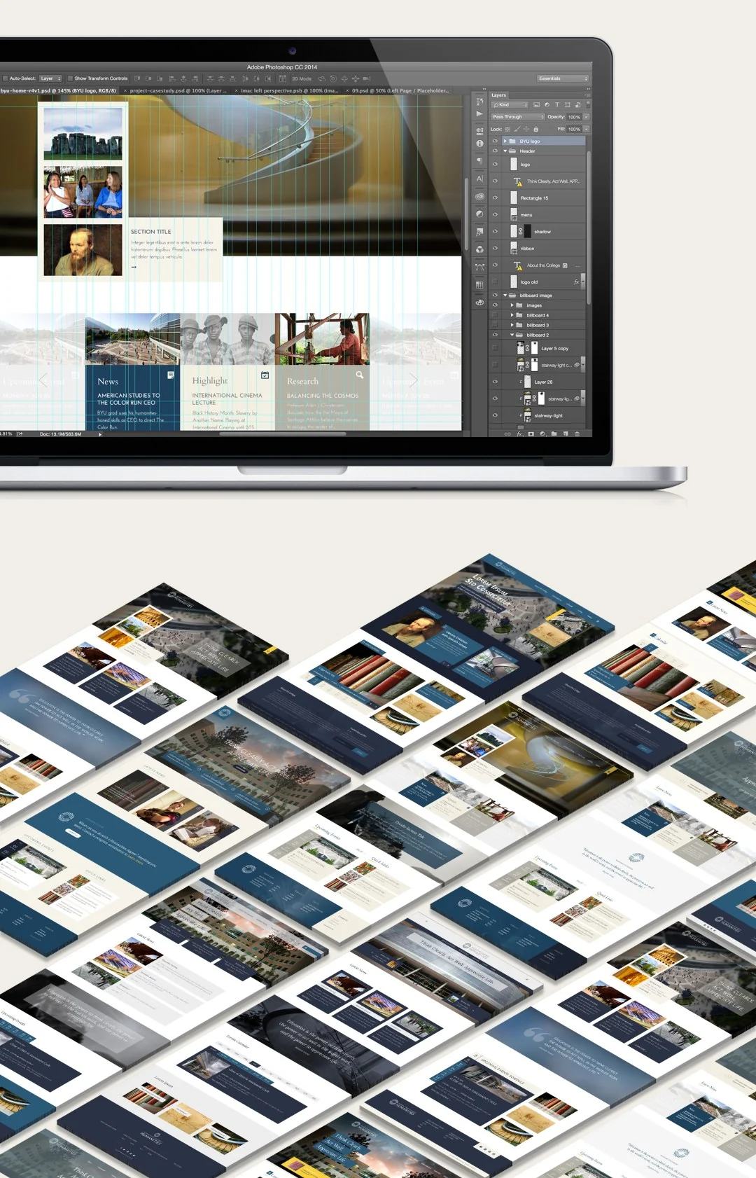 BYU Humanities homepage composition in Photoshop and a collection of website visual design concepts.