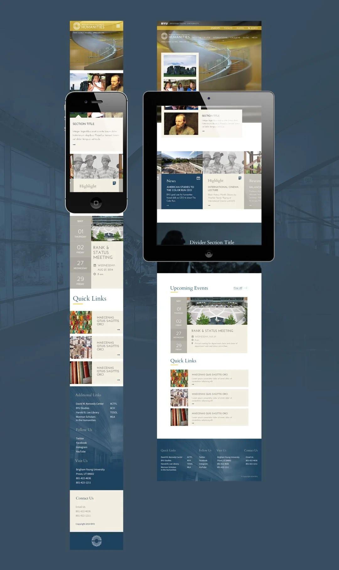 BYU College of Humanities website design shown on phone and tablet layouts.