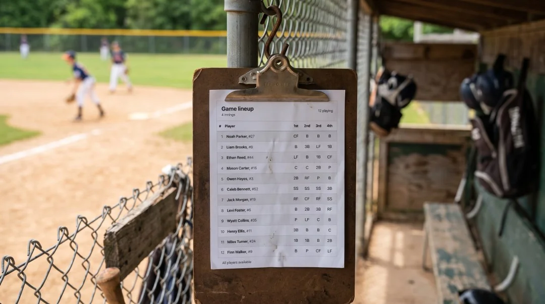 Clipboard mockup showing a Dugout lineup card attached to a dugout fence.