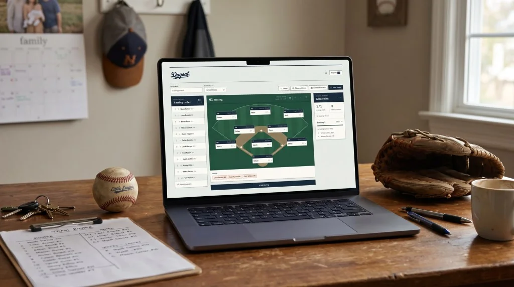 Laptop mockup displaying the Dugout visual lineup planner on a table with baseball equipment.