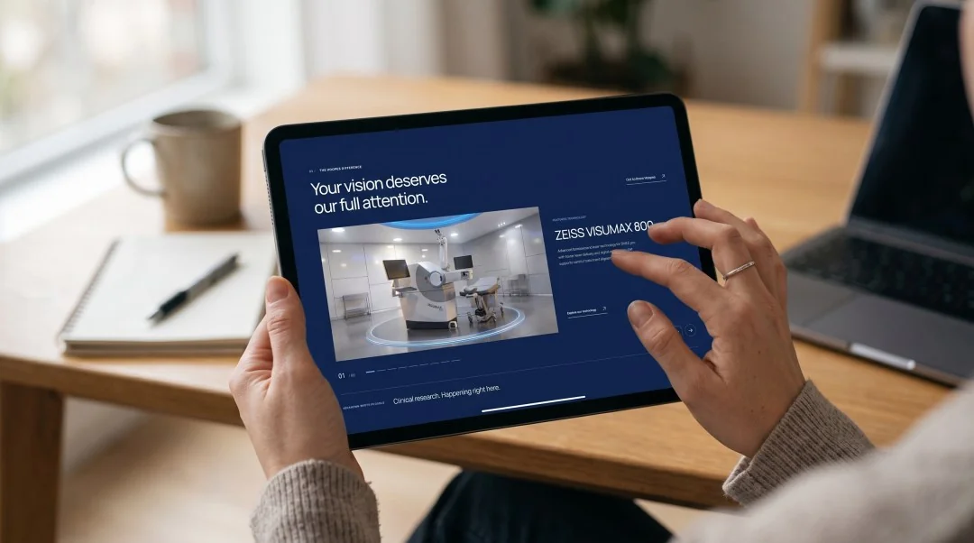 Tablet mockup displaying the Hoopes Vision website's technology section in a dark blue layout.