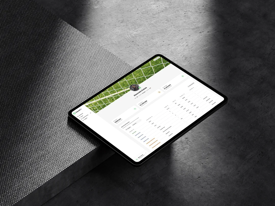 SquadMI player profile on a tablet, showing contract totals and a structured list of upcoming payments.