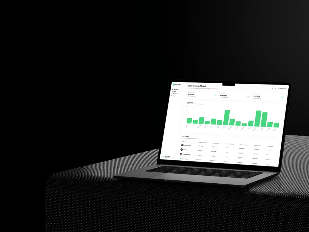 SquadMI dashboard on a laptop, showing wage and transfer totals, a cost-by-player chart, and contract records.