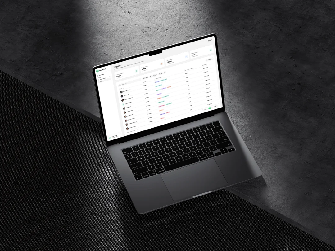 SquadMI Triggers view on a laptop, listing player payment conditions, amounts, and due dates.