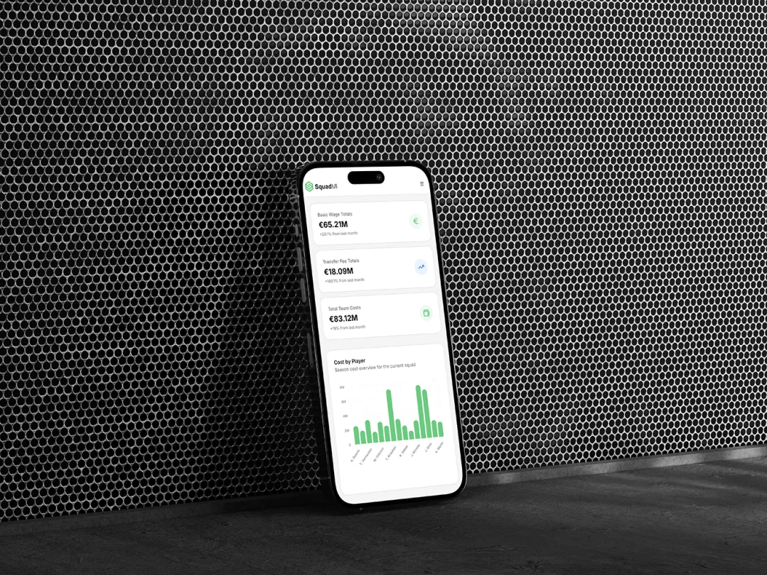 SquadMI financial dashboard on a phone, with wage totals, transfer fees, team costs, and a cost-by-player chart.
