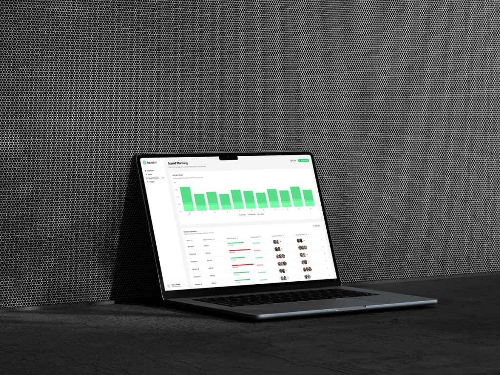 SquadMI squad planning interface on a laptop, showing scenario costs, budget status, and incoming and outgoing players.